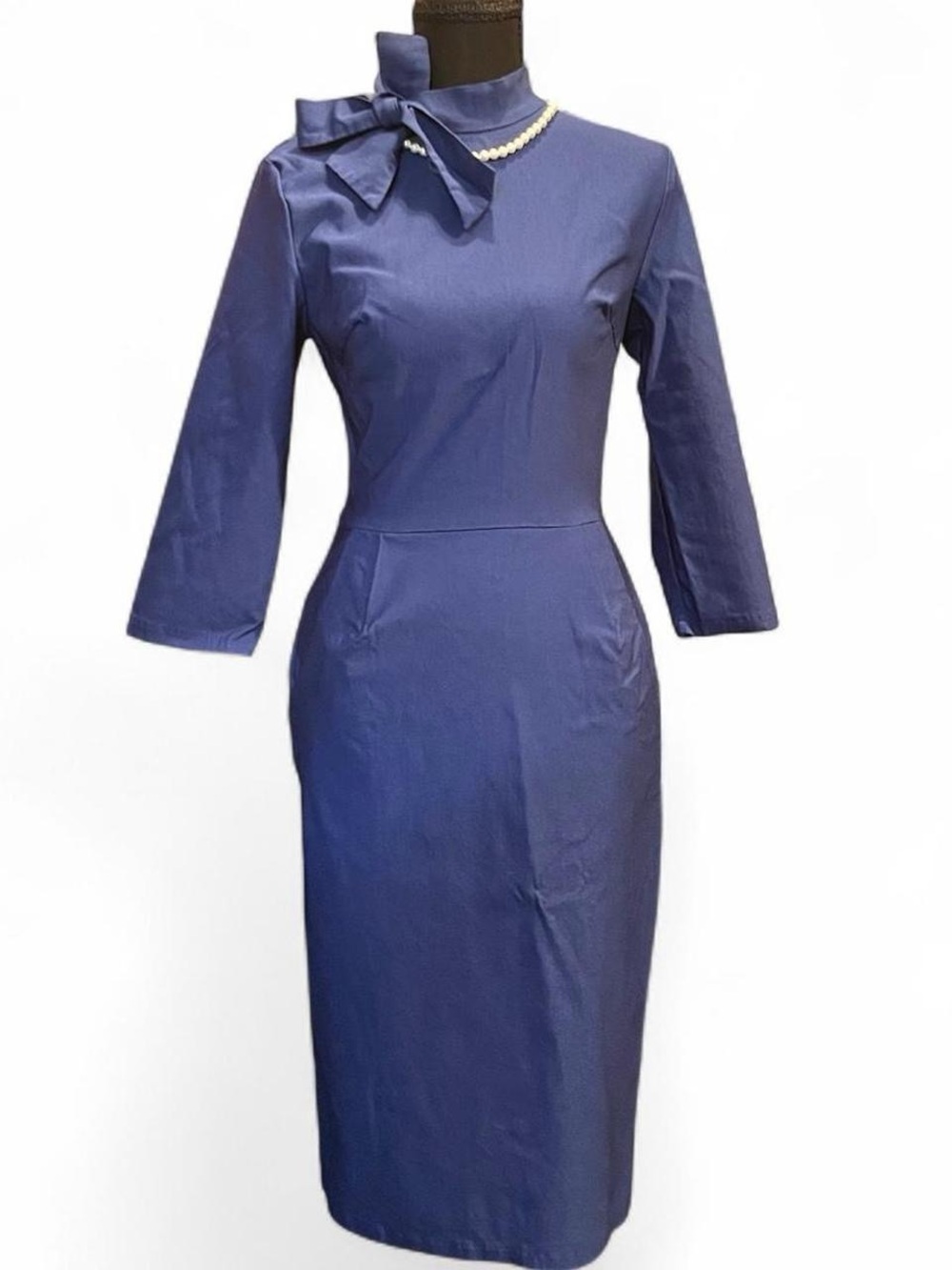 Pinup Vintage Reproduction Classic Navy Sheath Dress with Bow Neck